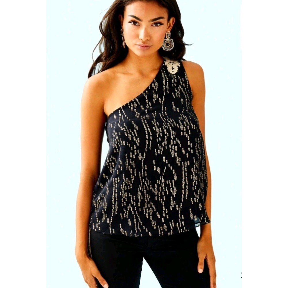 Lilly Pulitzer Black Gold Sheer One Shoulder Top Party‎ Blouse Size 12